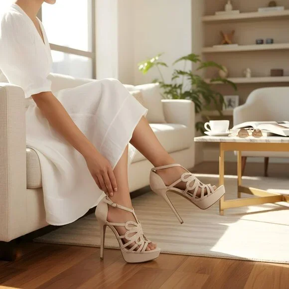 Jennifer Lopez ✦ Nude Suede Studded Cutout Platform Heels ✦ Ankle Strap 6 - Picture 1 of 12